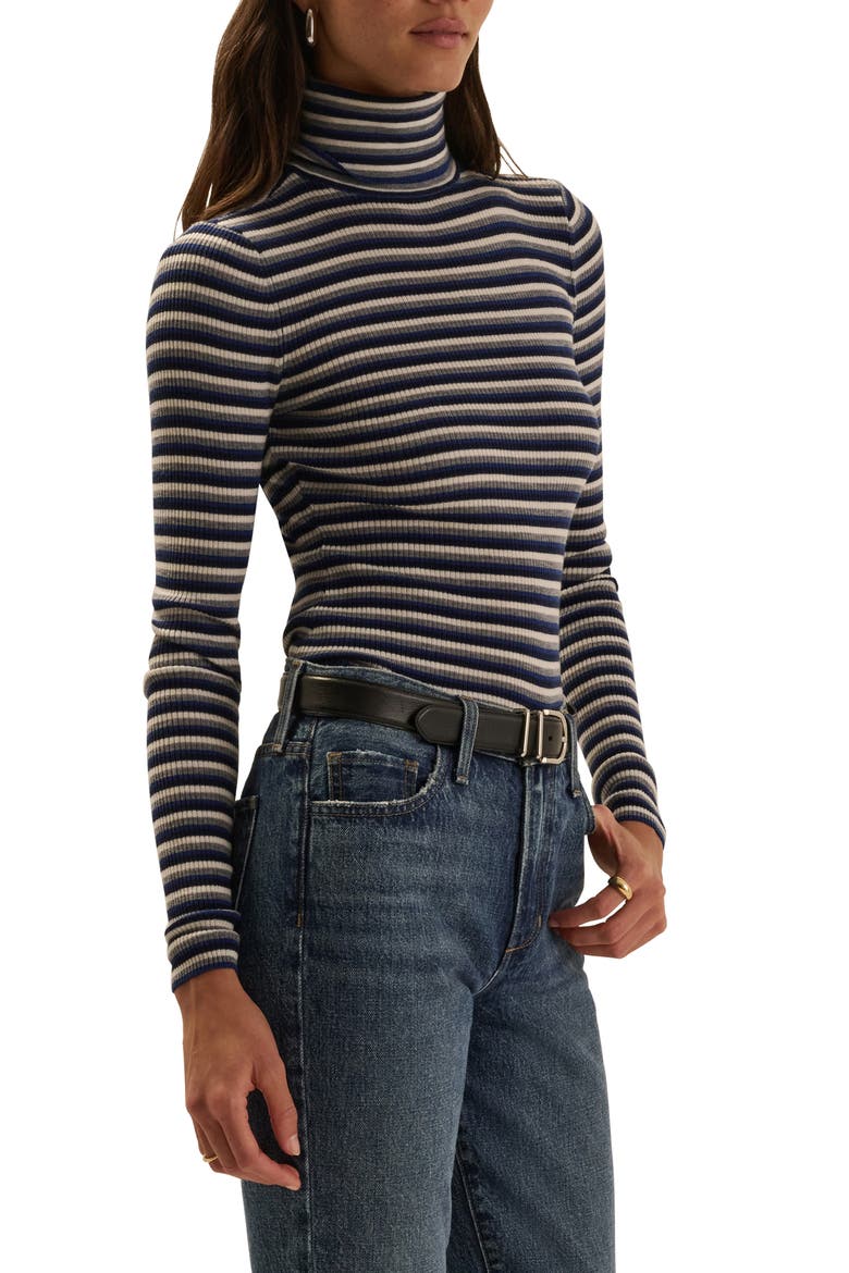 Amelia Rib Merino Wool Turtleneck Top, Alternate, color, COBALT MINI STRIPE
