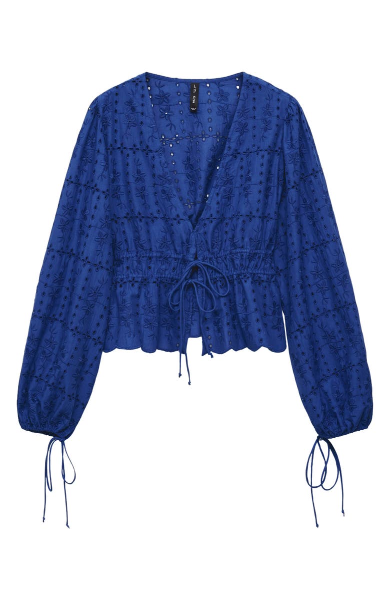 MANGO Eyelet Embroidered Tie Front Long Sleeve Cotton Top, Alternate, color, Blue