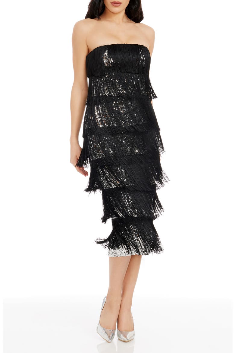 Viviana Tiered Strapless Body-Con Dress, Main, color, SILVER-BLACK