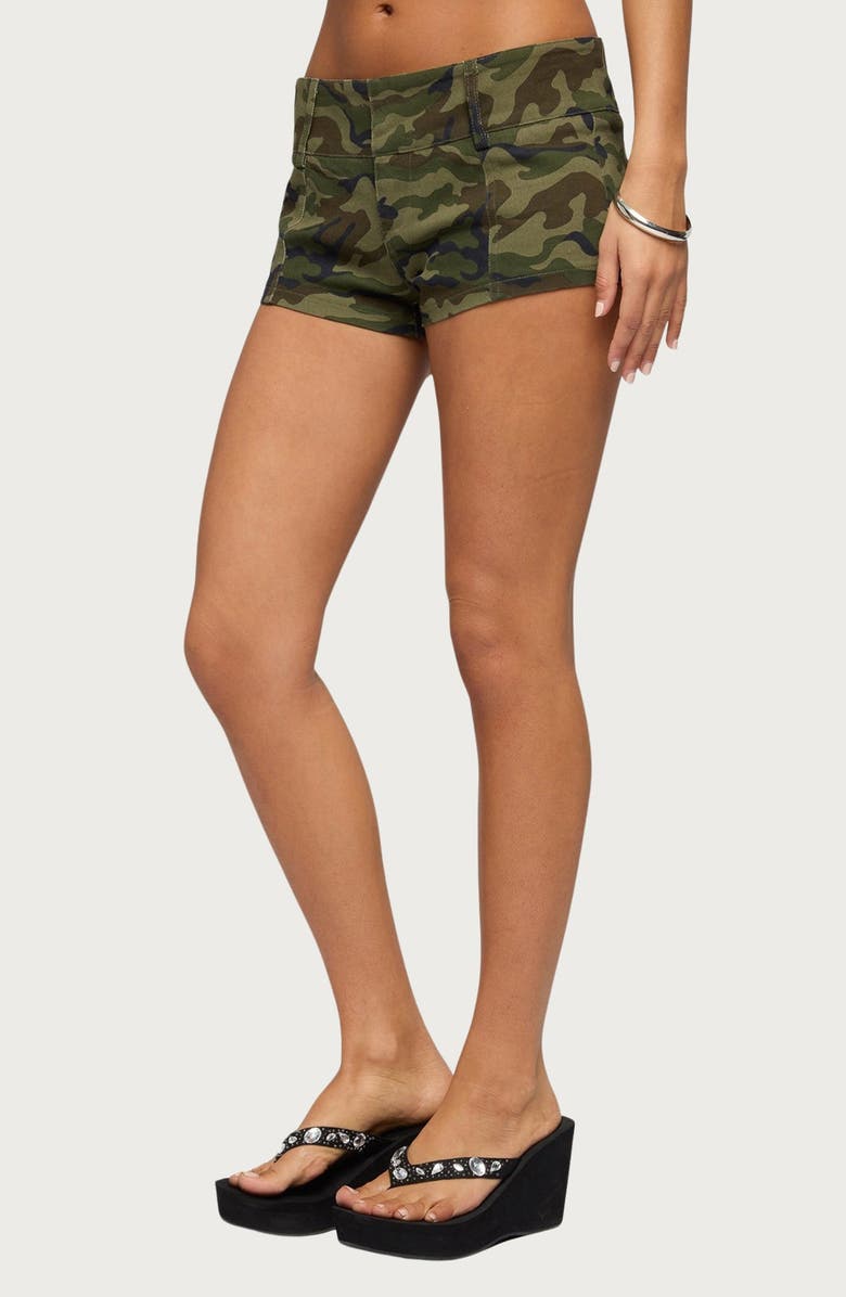 EDIKTED Camo Crazy Stretch Micro Shorts, Alternate, color, 