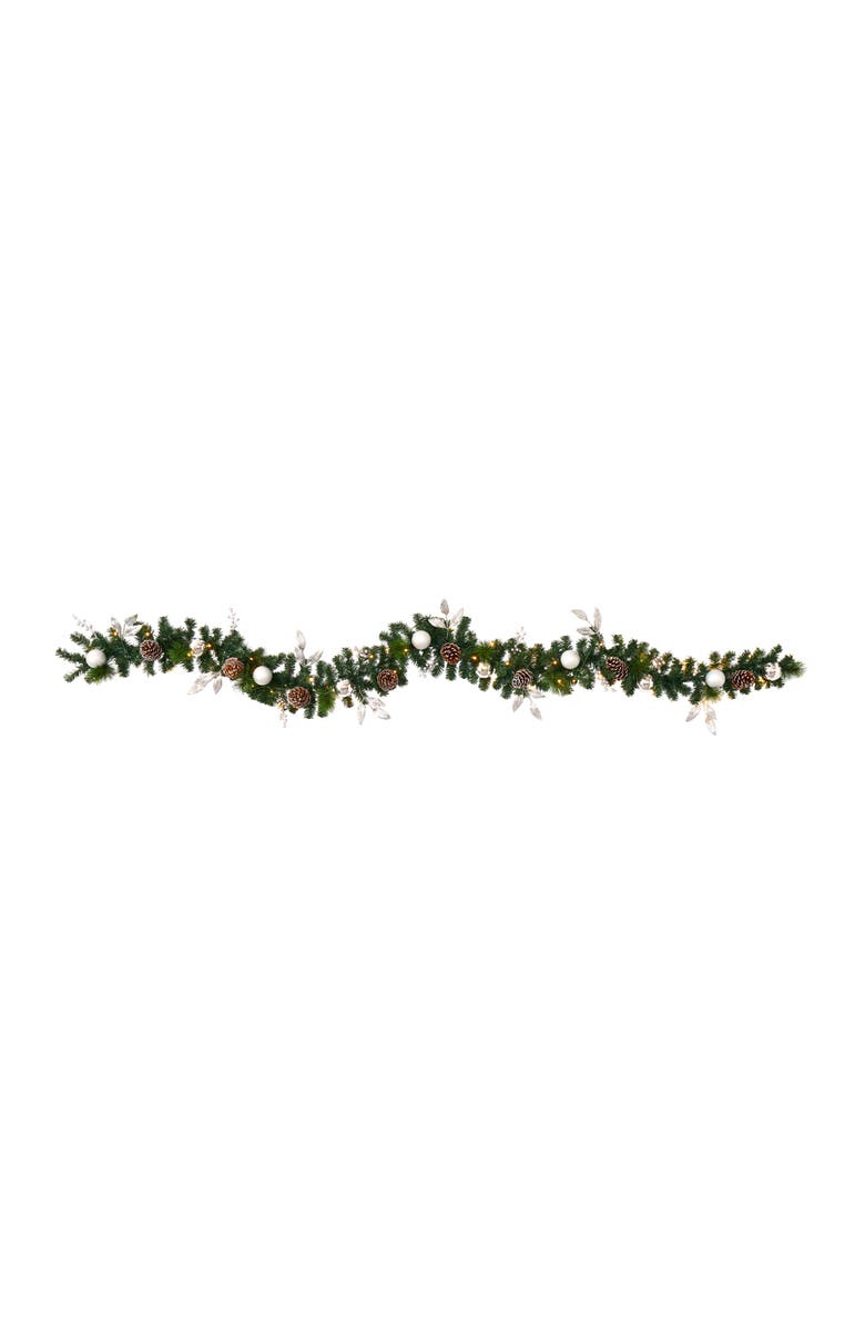 NEARLY NATURAL 9-ft Ornament and Pinecone Artificial Christmas Garland with 50 Clear LED Lights, Main, color, Green