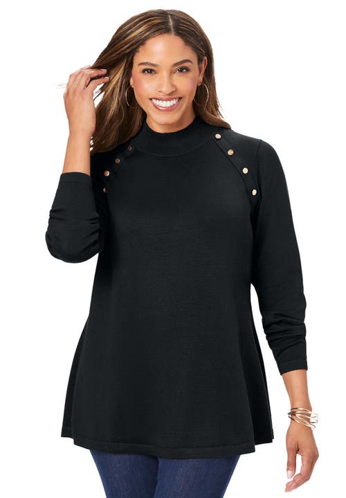 Jessica London Gold Button Mockneck Sweater In Black
