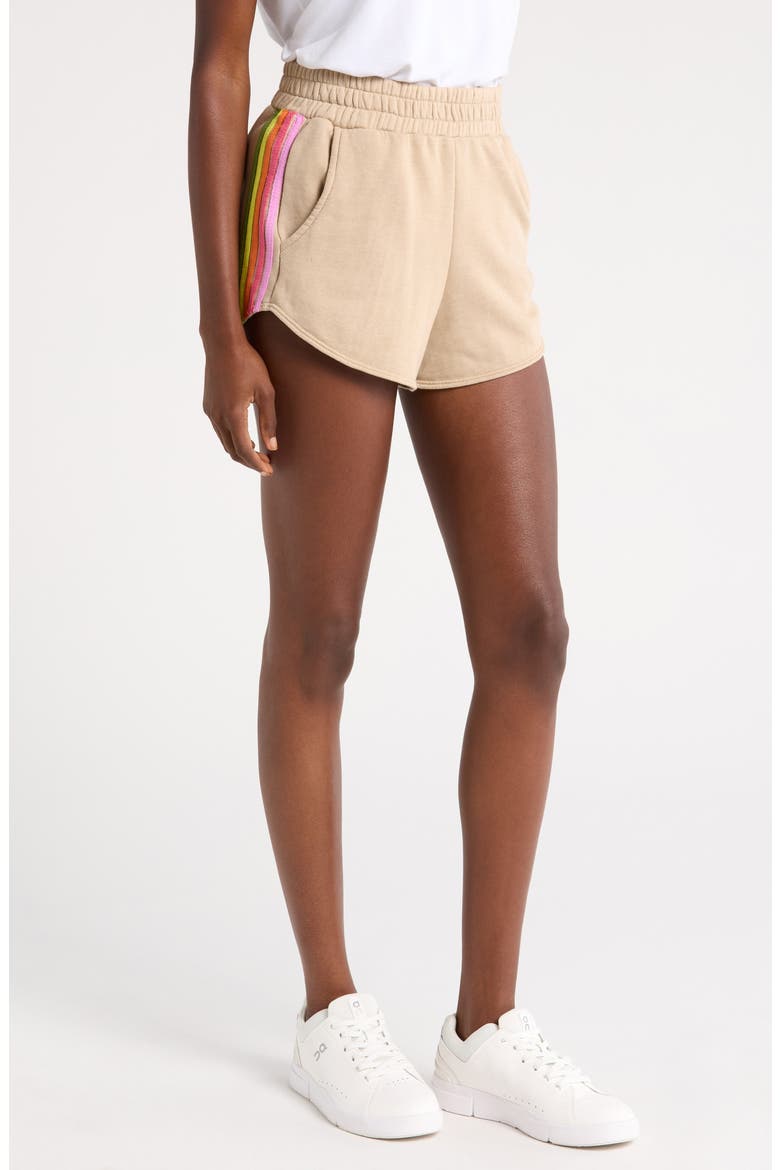 5-Stripe Sweat Shorts, Alternate, color, SAND/ PINK GREEN