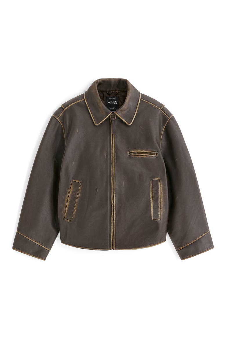 Oversize Distressed Leather Jacket, Alternate, color, BROWN