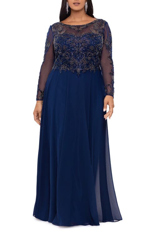Long Sleeve Beaded Chiffon Gown