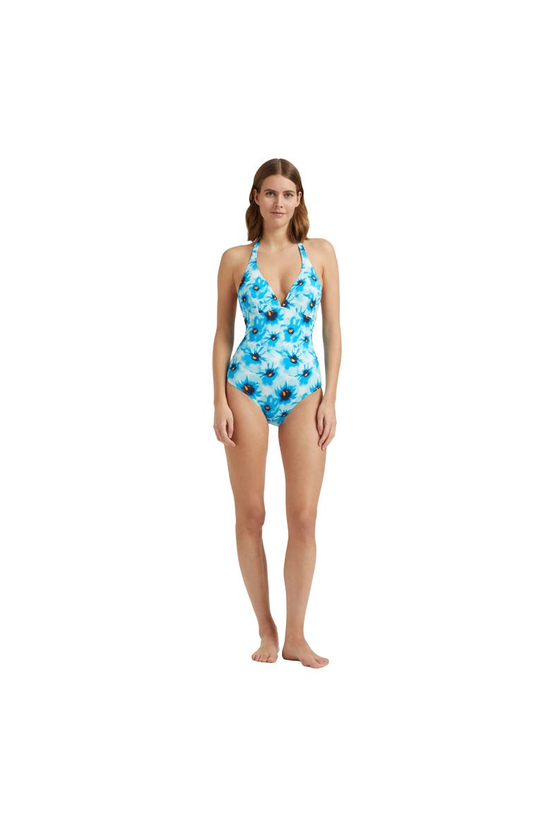 Women Halter One-piece swimsuit Poppies, Alternate, color, blue topaz