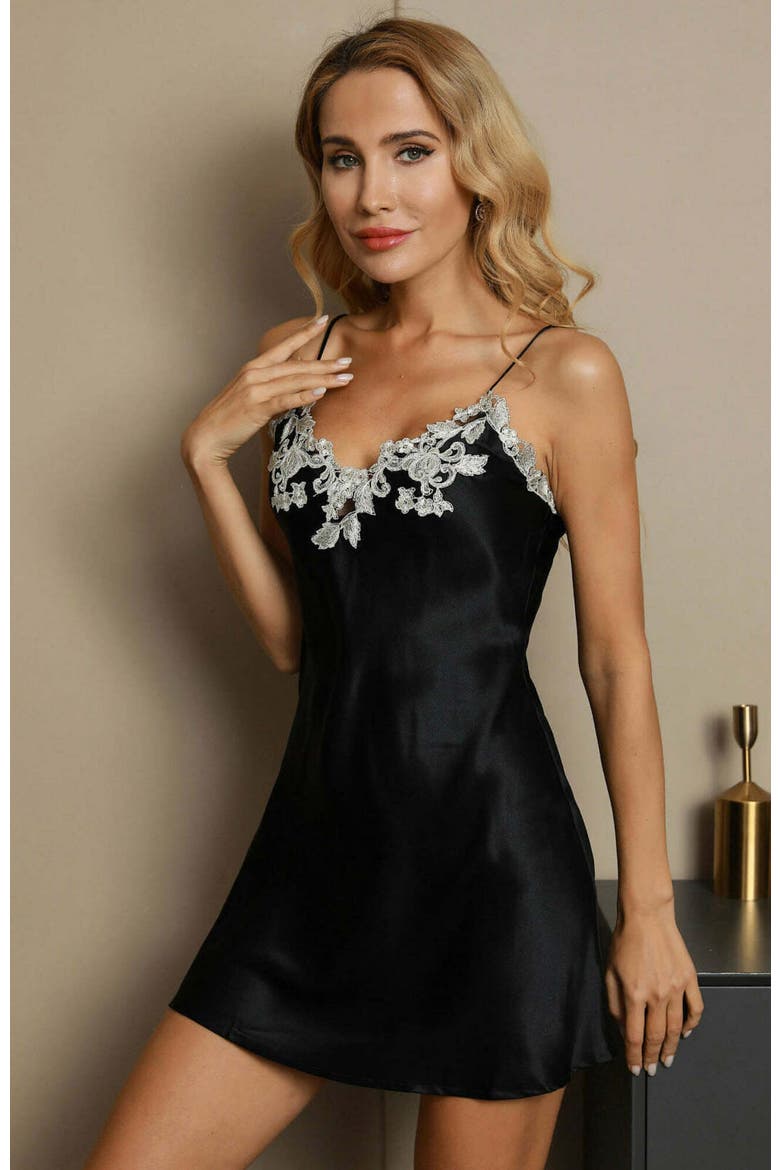 Silk V-Back Nightgown Slip Dress, Alternate, color, Black