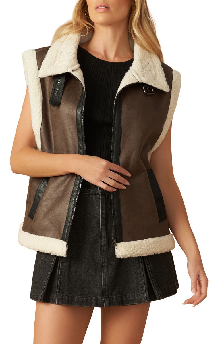 FLYING TOMATO Faux Shearling Trim Faux Leather Vest, Main, color, Brown