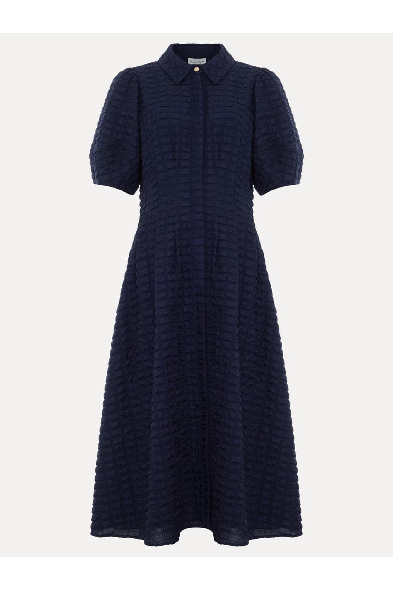 Yasmine Textured Puff Sleeve Midi Dress, Alternate, color, Navy