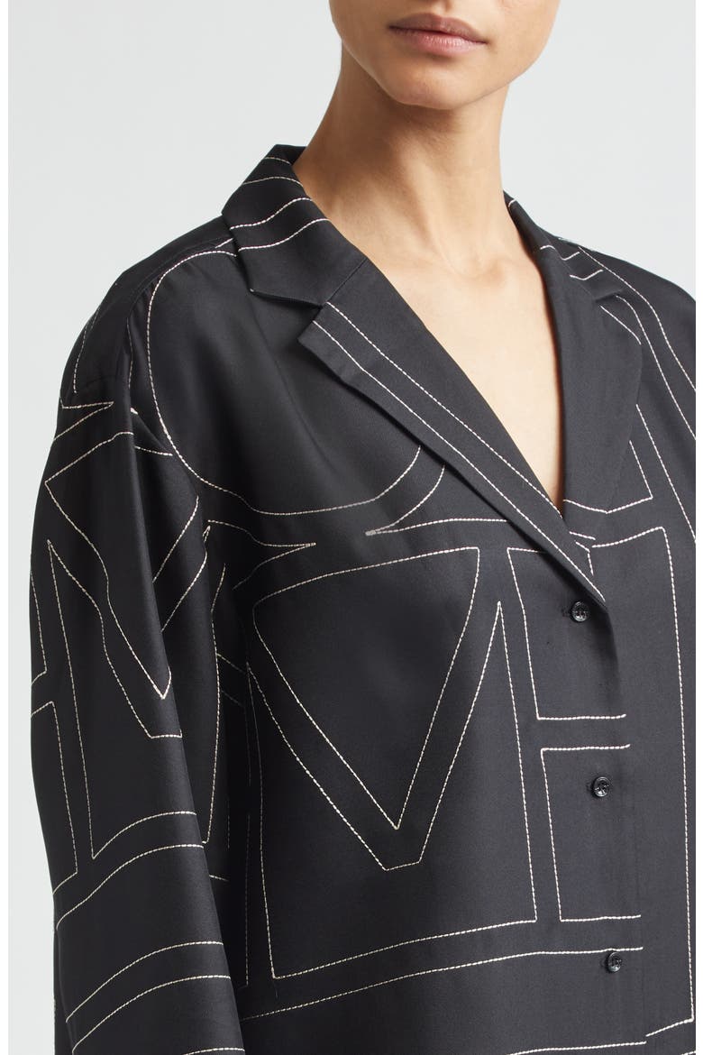 Monogram Embroidered Organic Silk Pajama Top, Alternate, color, BLACK
