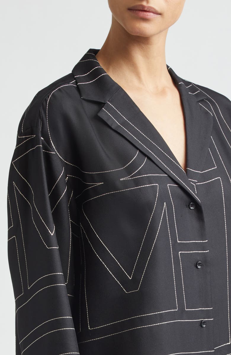 TOTEME Monogram Embroidered Organic Silk Pajama Top, Alternate, color, Black