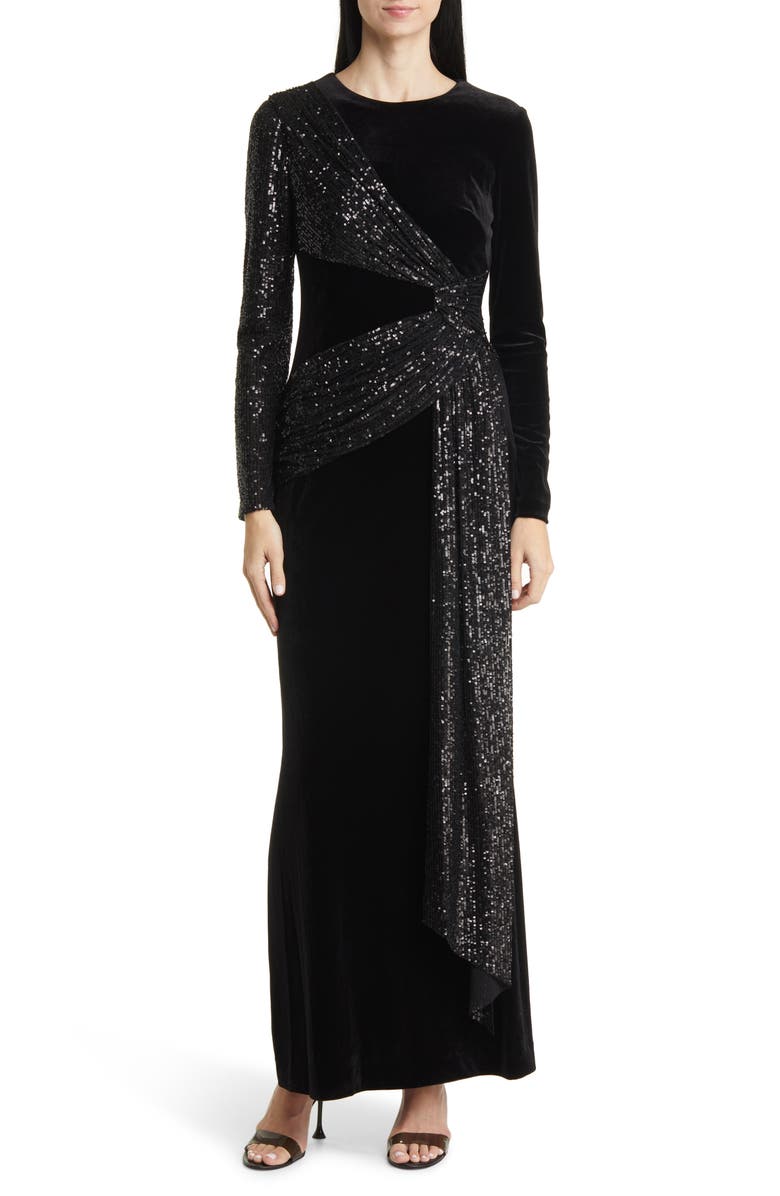 Eliza J Sequin Velvet Long Sleeve Gown, Main, color, 