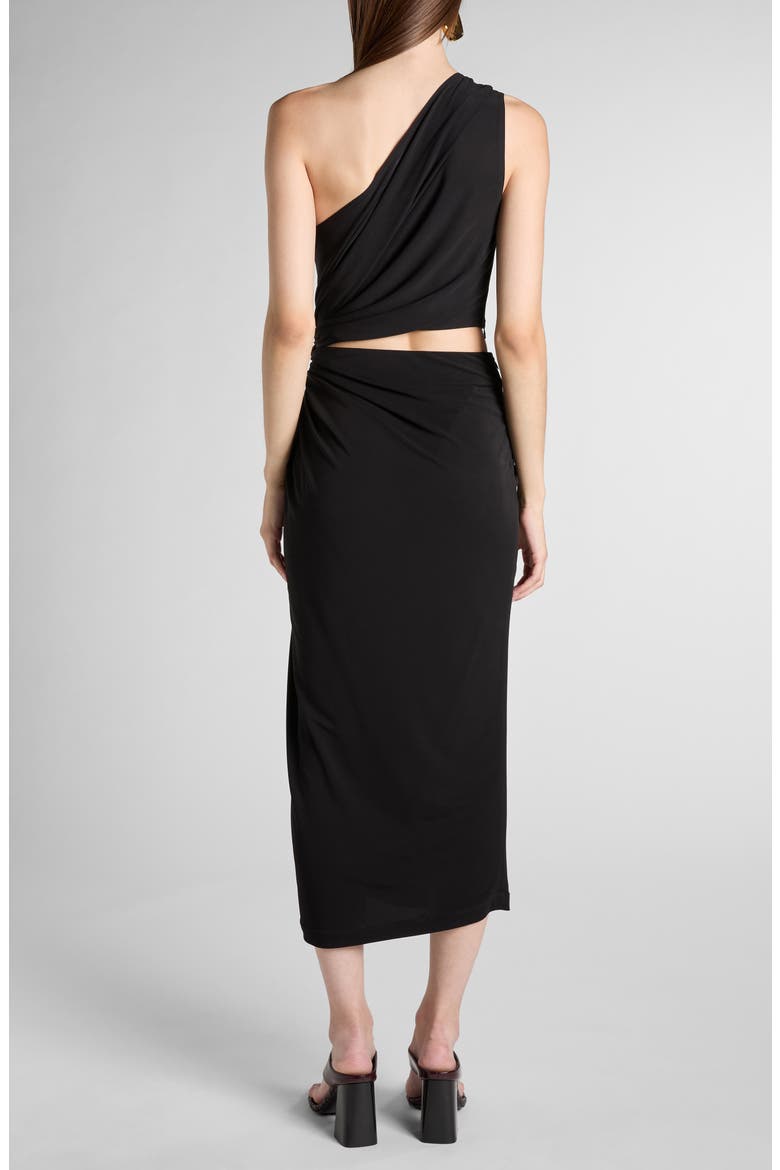 One-Shoulder Cutout Waist Crepe Jersey Midi Dress, Alternate, color, 1000 BLACK