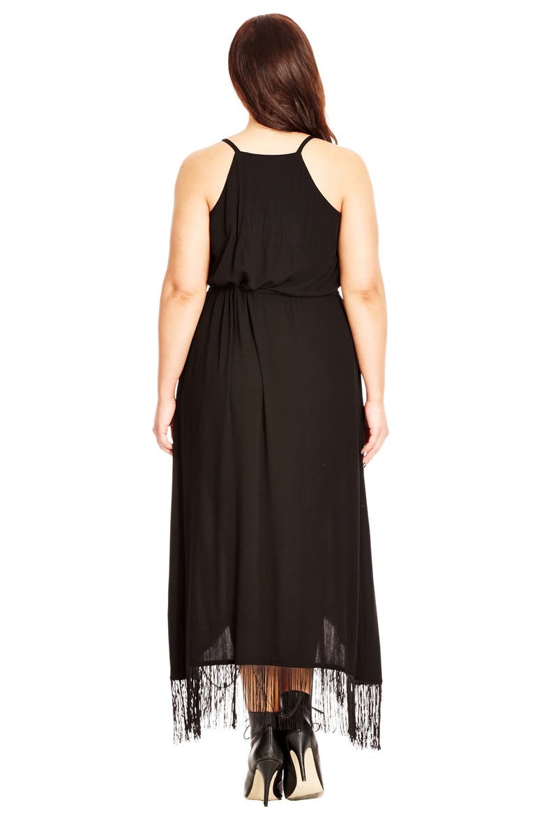 Fringe Trim Drawstring Waist Maxi Dress, Alternate, color, BLACK