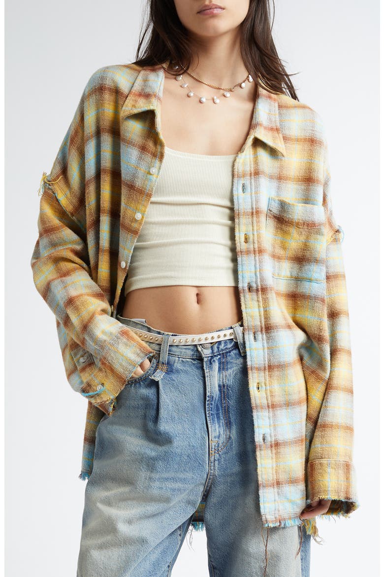 Shredded Seam Drop Neck Plaid Flannel Button-Up Shirt, Main, color, LIGHT BLUE/ YELLOW PLAID