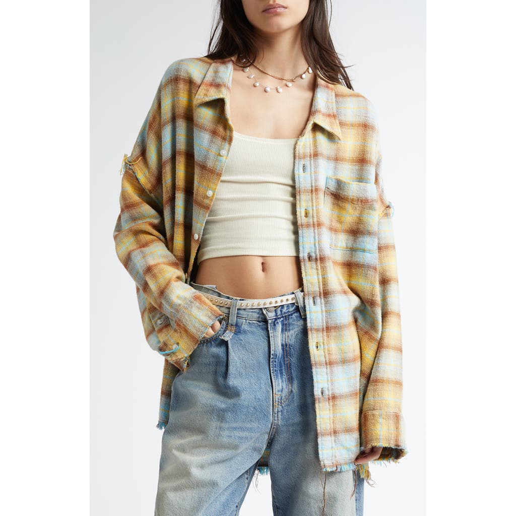 R13 Shredded Seam Drop Neck Plaid Flannel Button-up Shirt In Light Blue/yellow Plaid