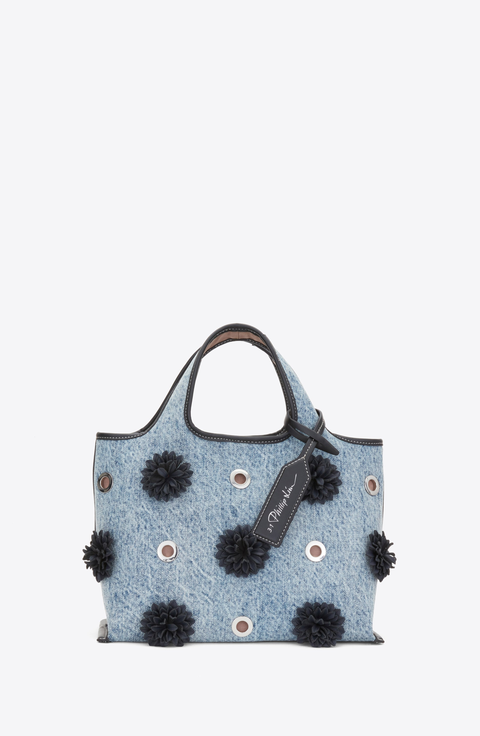 Denim Market Tote with Leather Flowers