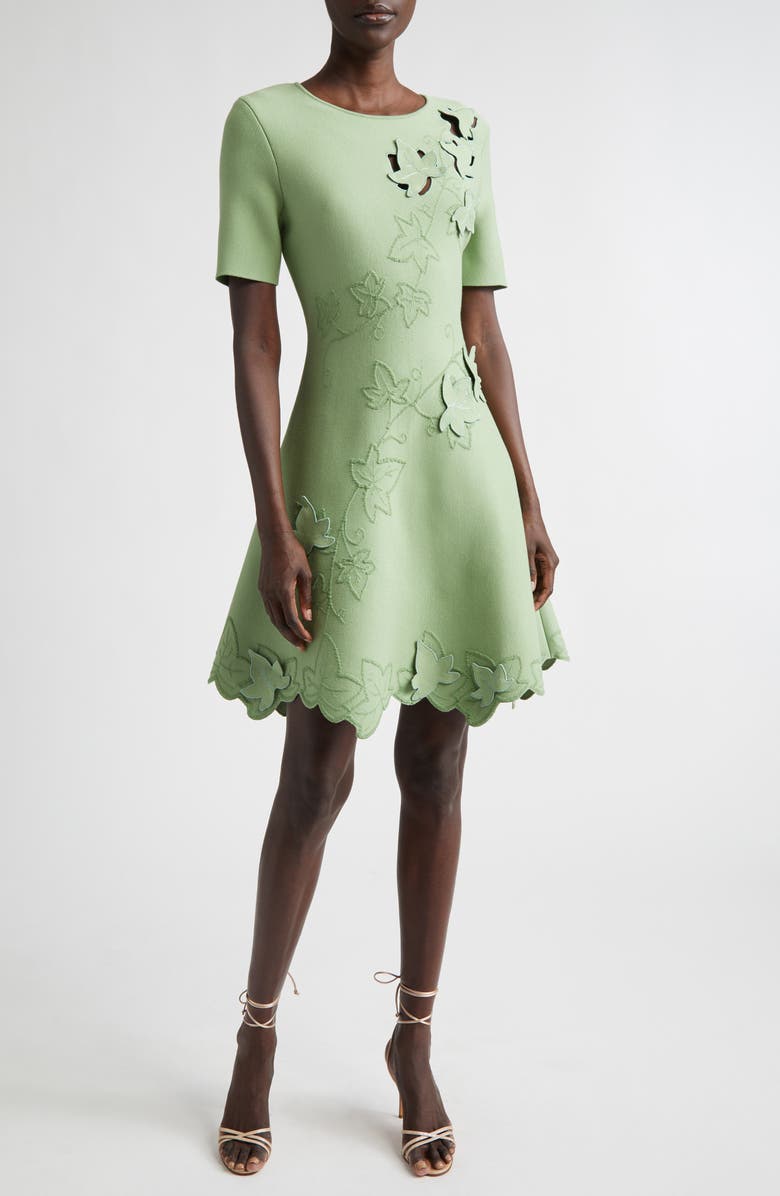 Oscar de la Renta Ivy Detail Stretch Knit Fit & Flare Dress, Main, color, Green