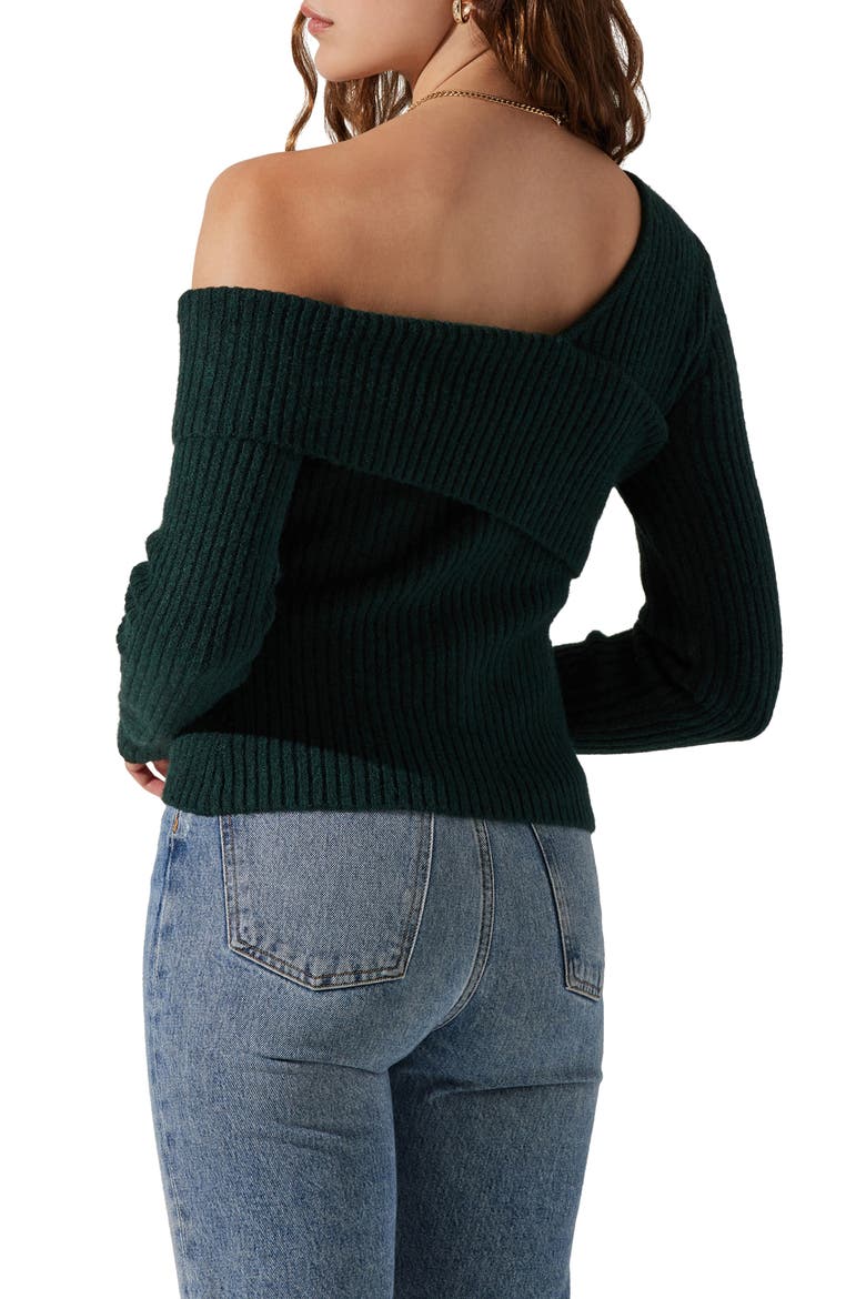 Asymmetric Foldover One-Shoulder Rib Sweater, Alternate, color, DEEP GREEN