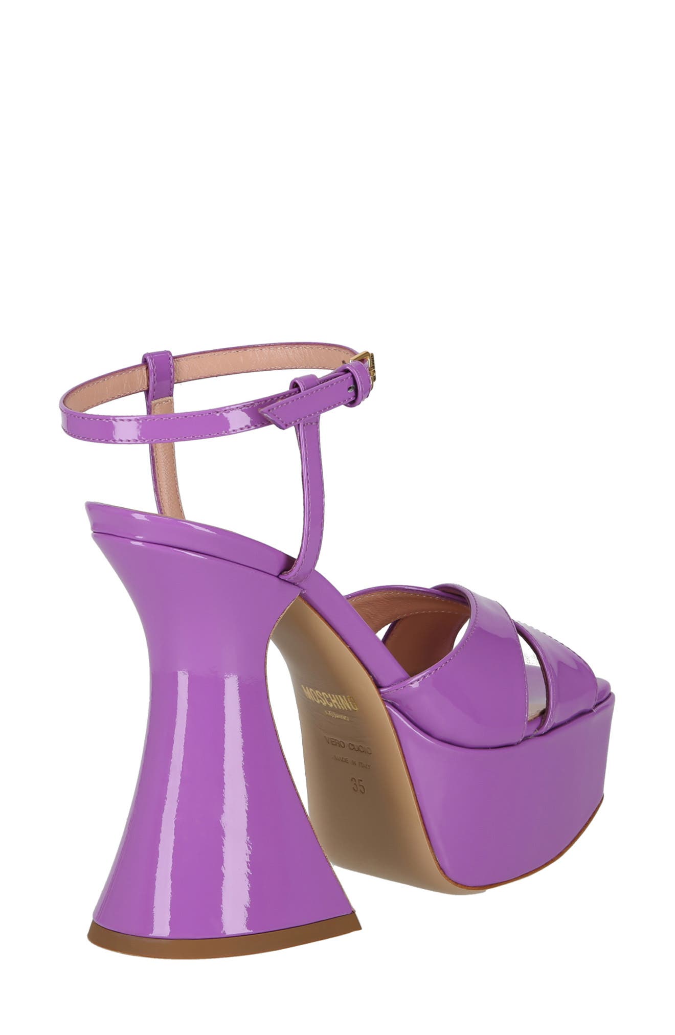 Moschino Patent Leather Ankle Strap Platform Sandal, Alternate, color, Hyacinth