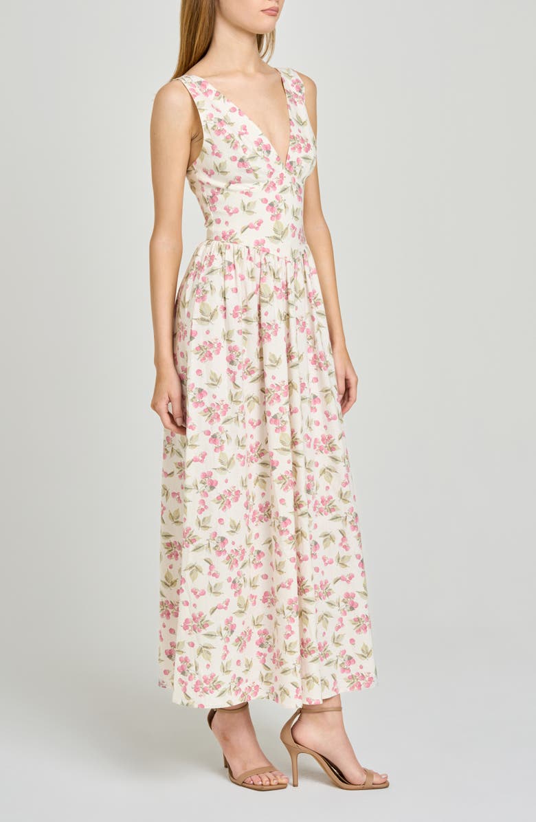 WAYF Vivia Floral Plunge Neck Drop Waist Midi Dress, Alternate, color, Garden Raspberry