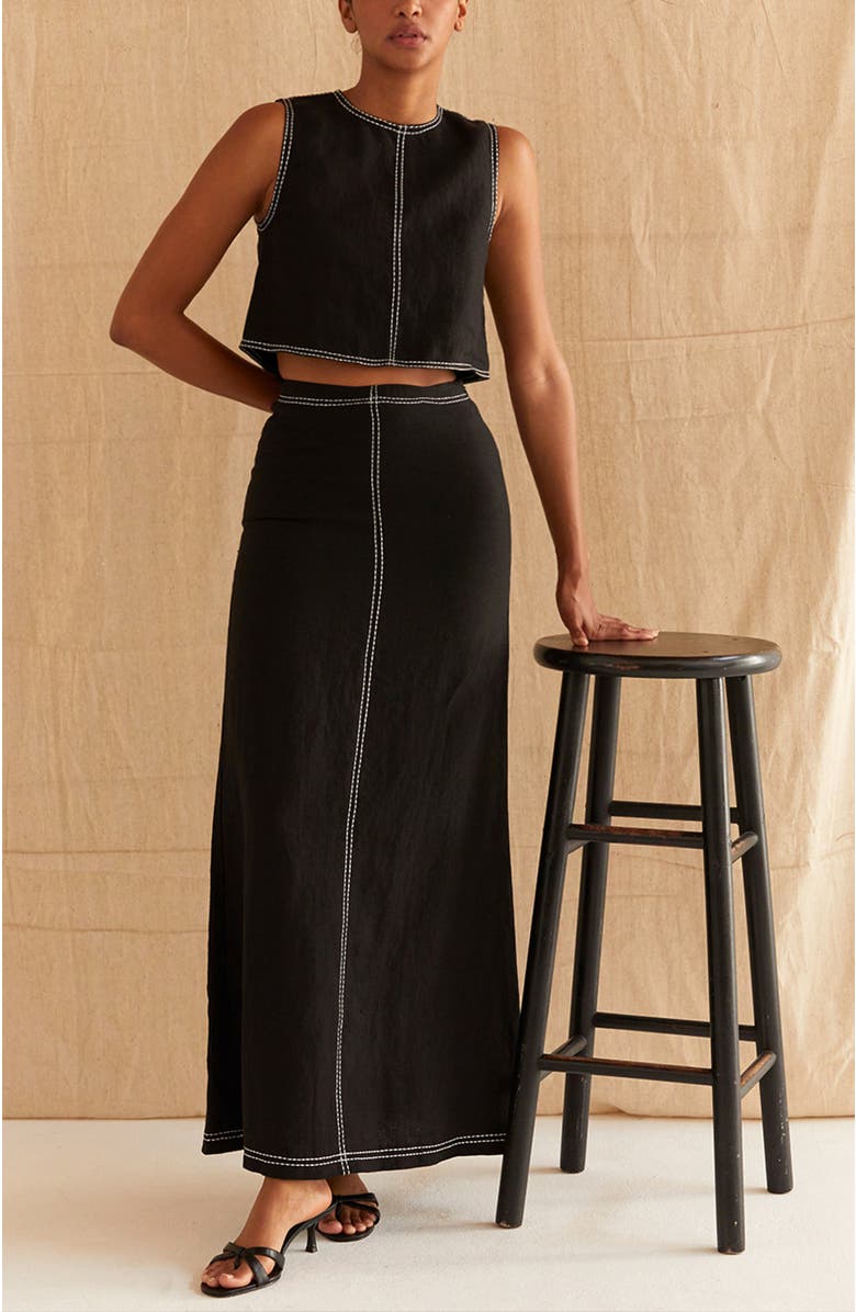 CRESCENT Embroidered Contrast Stitch Linen Maxi Skirt, Alternate, color, Black