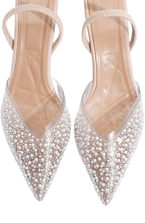 Forever & Always Shoes Whena Embellished Slingback Kitten Heel Pumps In Transparent With Pearls