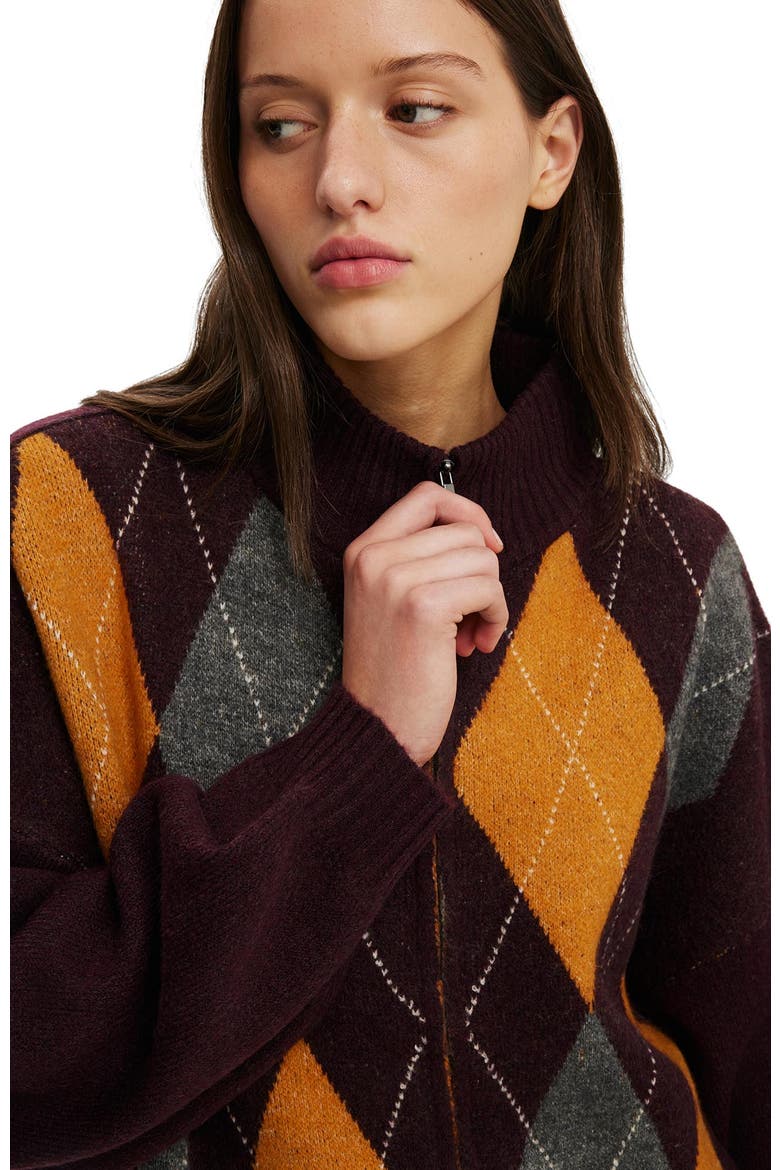 Women's Argyle Funnel Knit Bomber, Alternate, color, Sour Cherry Argyle