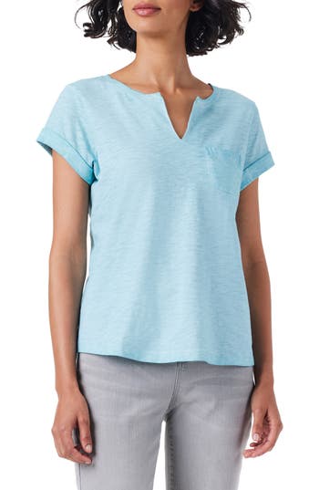 Nzt By Nic+zoe Split Neck Pocket T-shirt In Blue