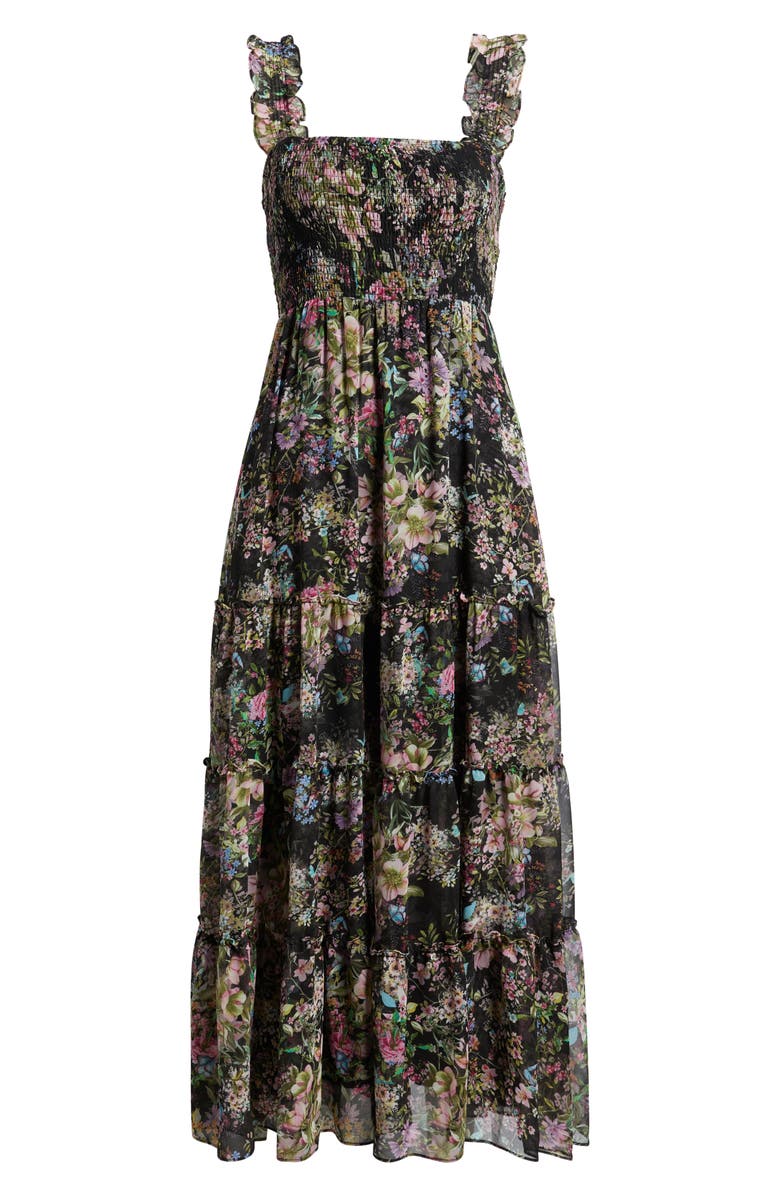 Lucy Paris Dylan Floral Smock Bodice Maxi Dress, Alternate, color, Black Floral