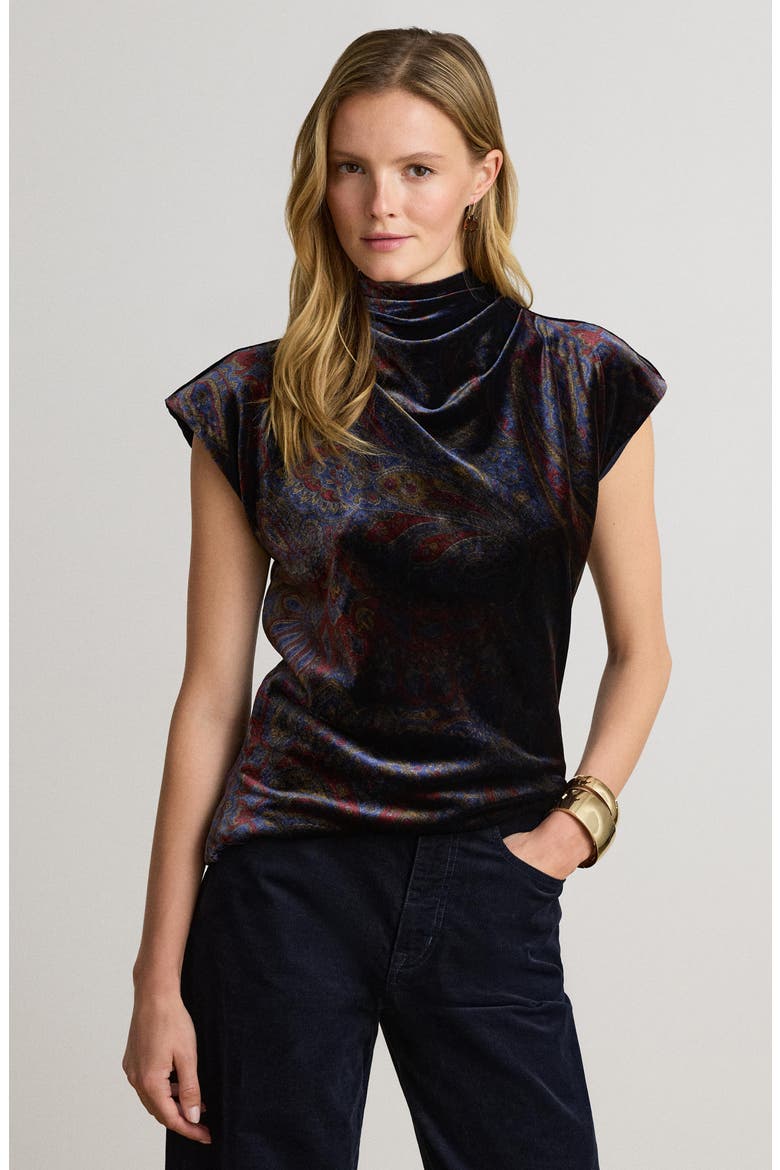 Paisley Velvet Cowl Neck Top, Alternate, color, NAVY BLUE/ MULTI