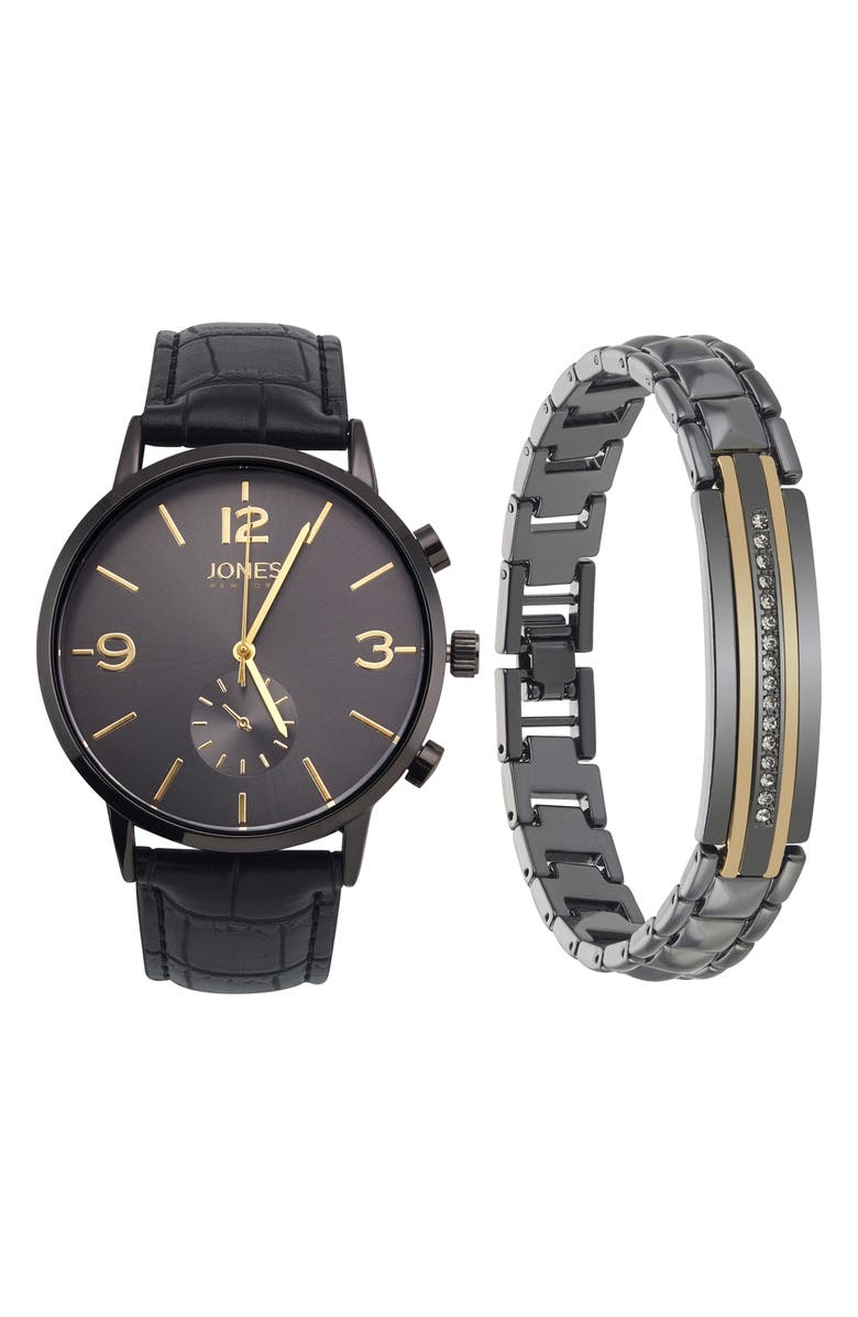 Jones New York Three-Hand Quartz Bracelet Watch & ID Bracelet Set, Main, color, Black