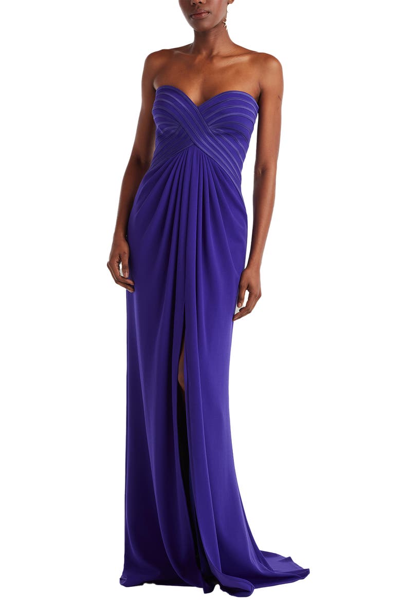 Tadashi Shoji Pipe Detail Strapless Gown, Alternate, color, Purple Iris