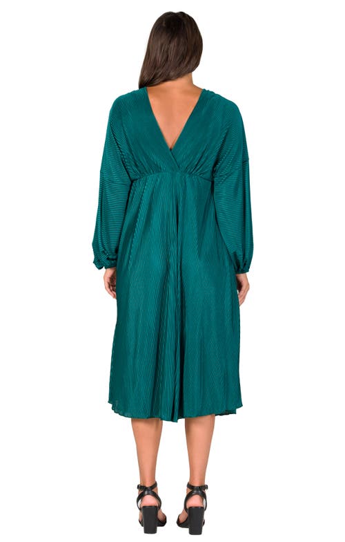 24seven Comfort Apparel Shimmer Pleated V-neck Empire Waist Bishop Sleeve Midi Dress In Green