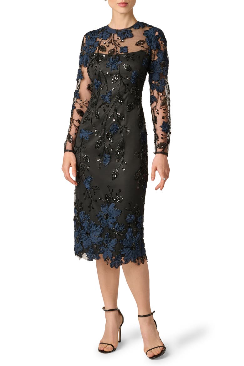 3D Embroidered Sequin Cocktail Dress, Main, color, NAVY/ BLACK