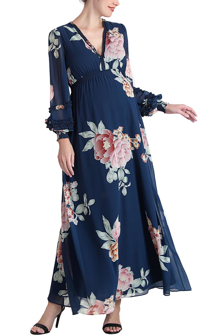Adell Maternity Maxi Chiffon Dress, Main, color, Navy