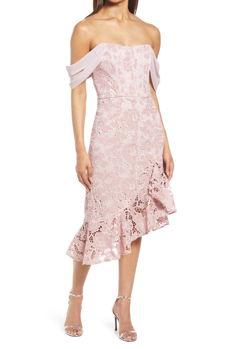 Chi Chi London Alma Lace Off the Shoulder Ruffle Cocktail Dress, Main, color,