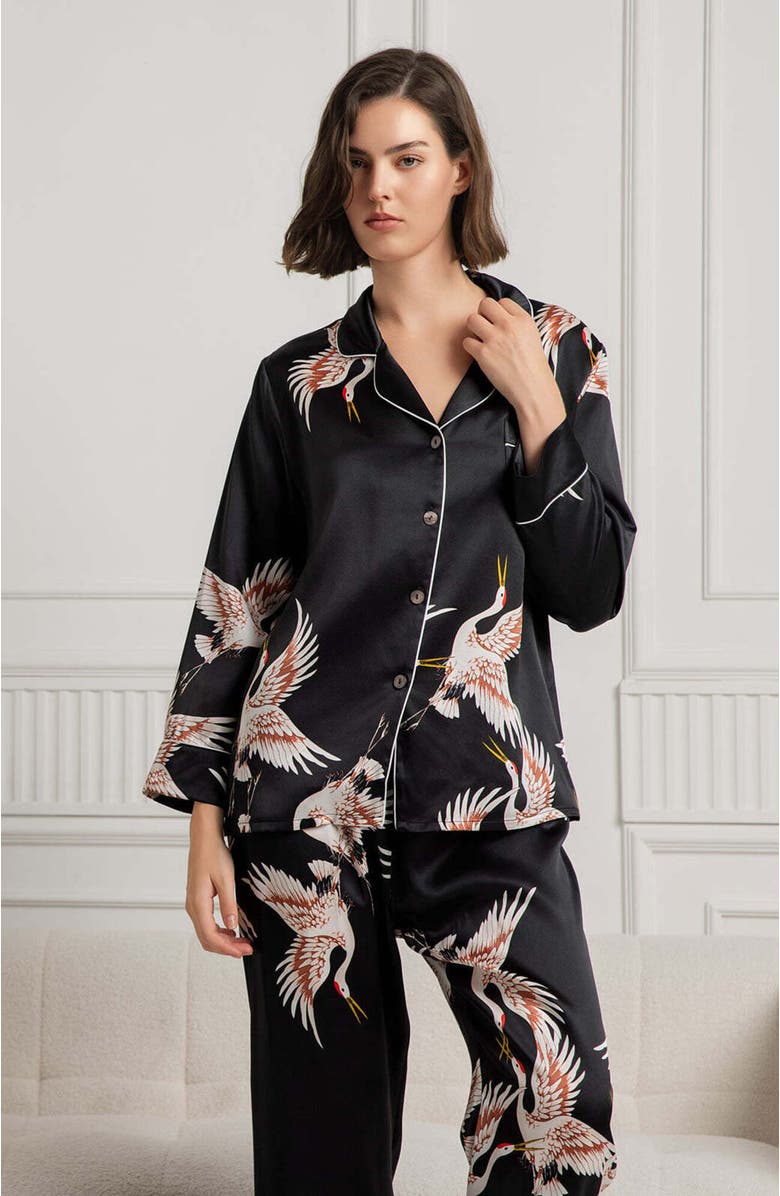 SILKSILKY 19Momme Pure Silk Printed Classic Binding Trim Womens Pajama set, Alternate, color, Black
