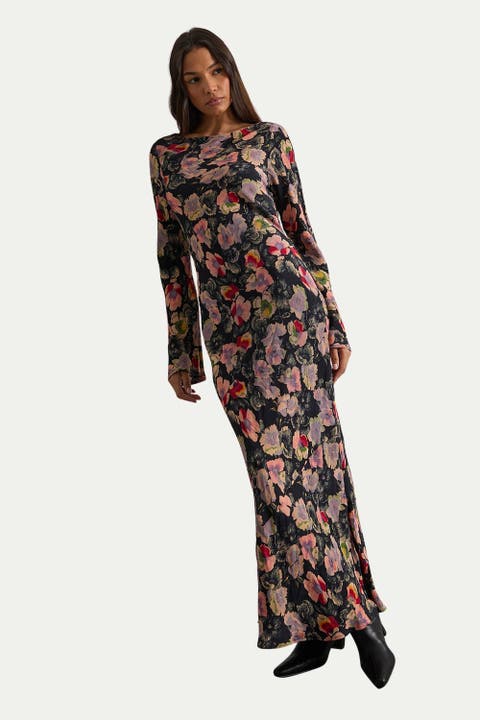 Floral Bias Cut Scoop Back Midaxi Dress