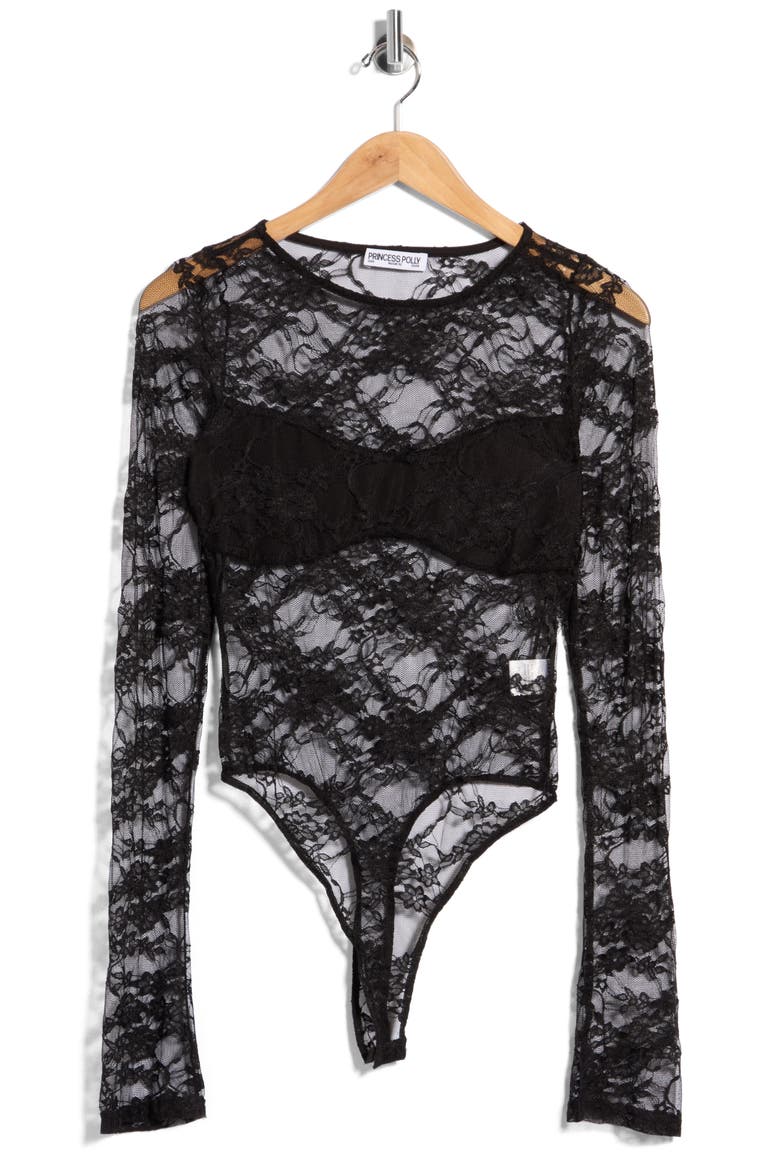 Feelix Long Sleeved Lace Bodysuit, Main, color, BLACK