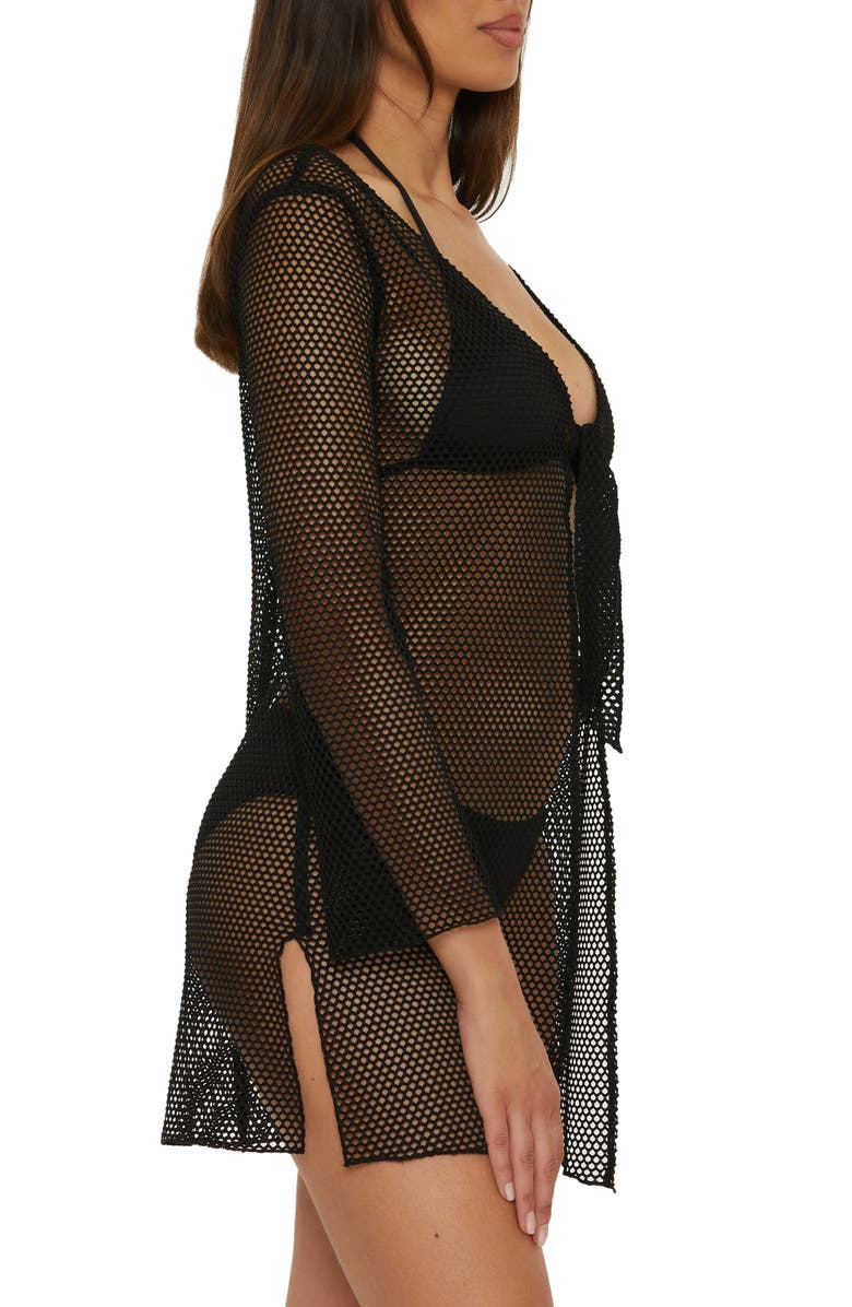 Becca Tie Front Long Sleeve Sheer Mesh Cover-Up, Alternate, color, Black