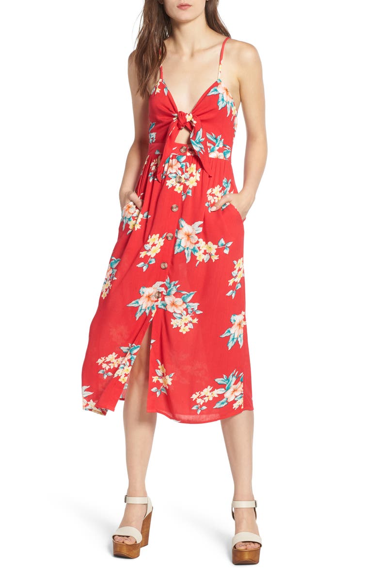 Button Front Keyhole Dress, Main, color, RED FLORAL