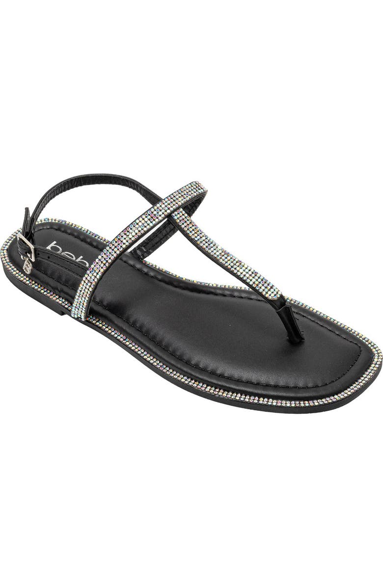 bebe Rhinestone T-Strap Sandal, Main, color, Black