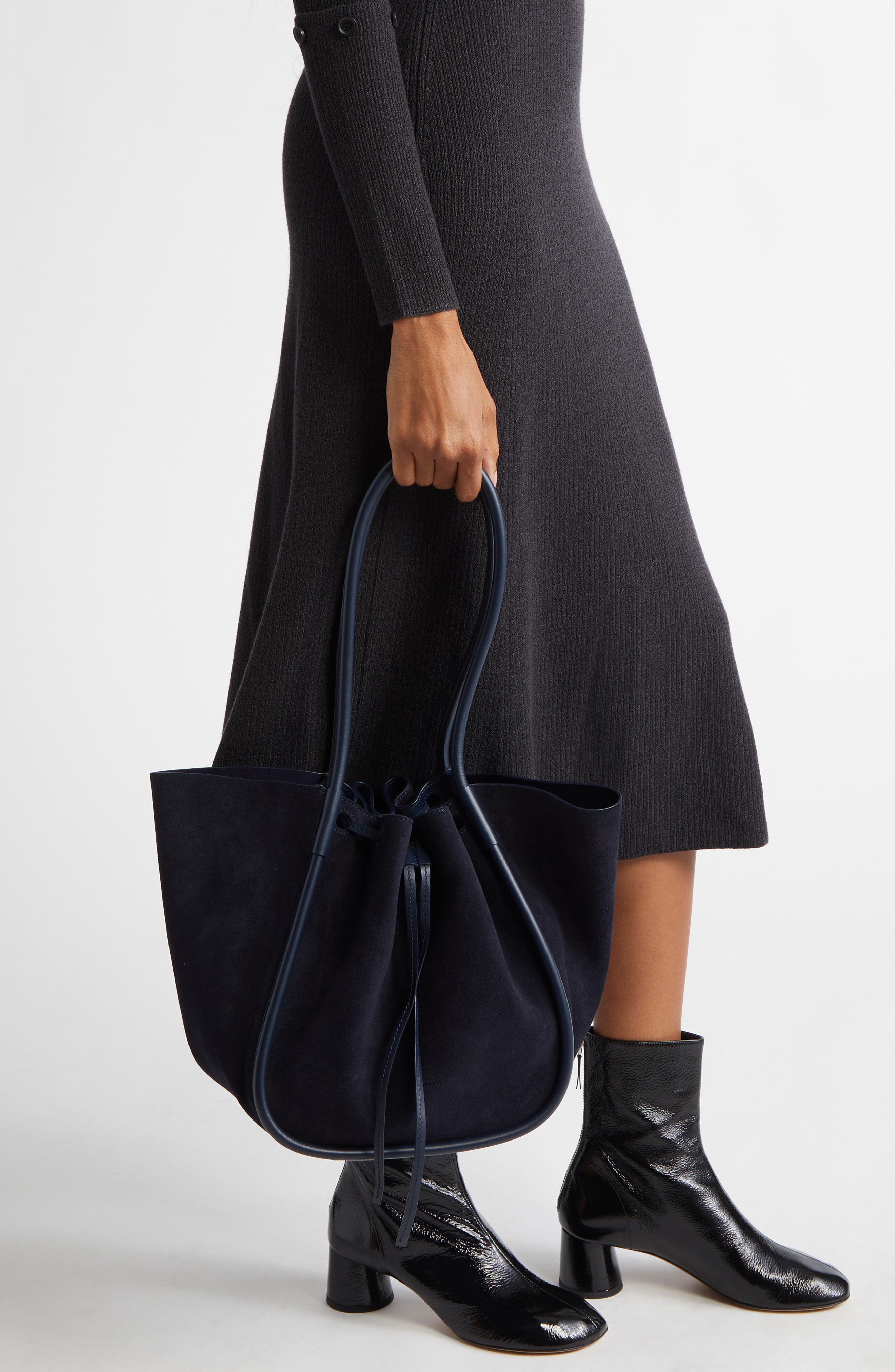 Large Ruched Suede Tote, Alternate, color, DEEP NAVY