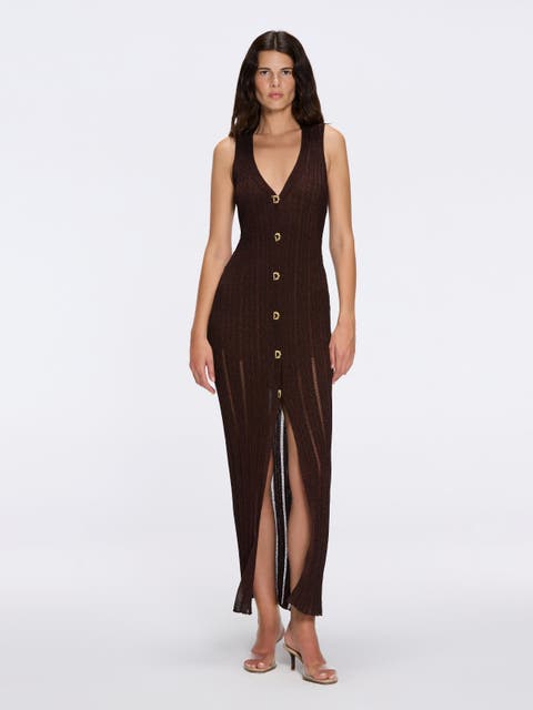 Biot Metallic Knit V-Neck Gold Button-Down Dress
