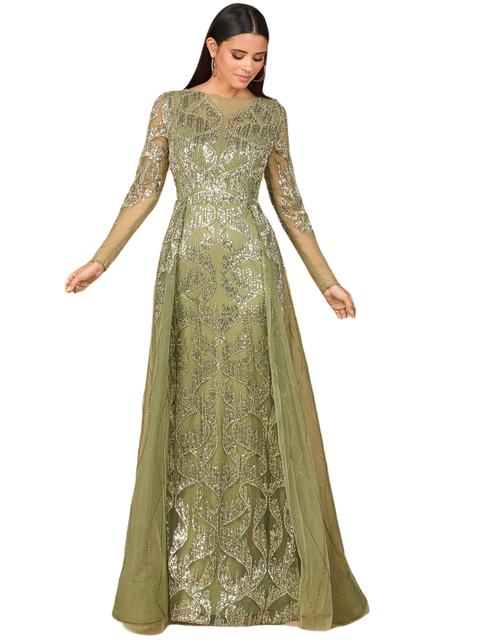 Long Sleeve Gown with Overskirt & High Neck