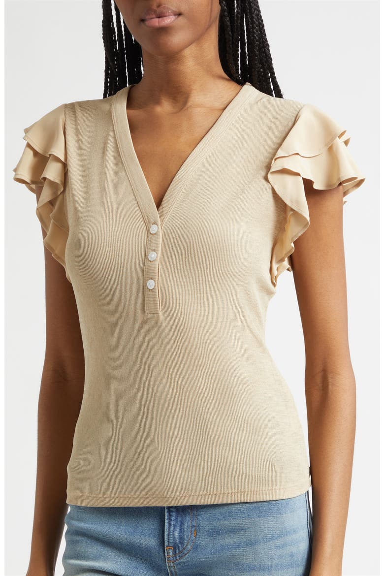 Aphrodite Ruffle Sleeve Rib Top, Alternate, color, STONE KHAKI