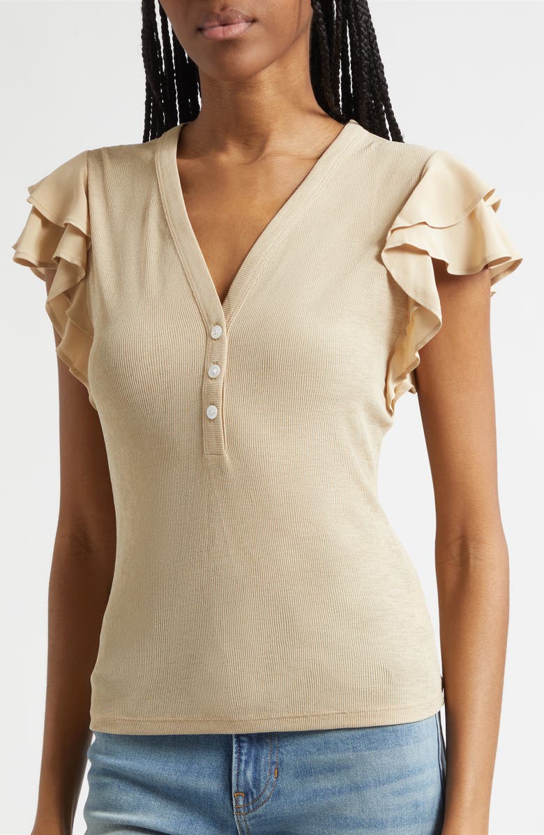 Veronica Beard Aphrodite Ruffle Sleeve Rib Top, Alternate, color, Stone Khaki