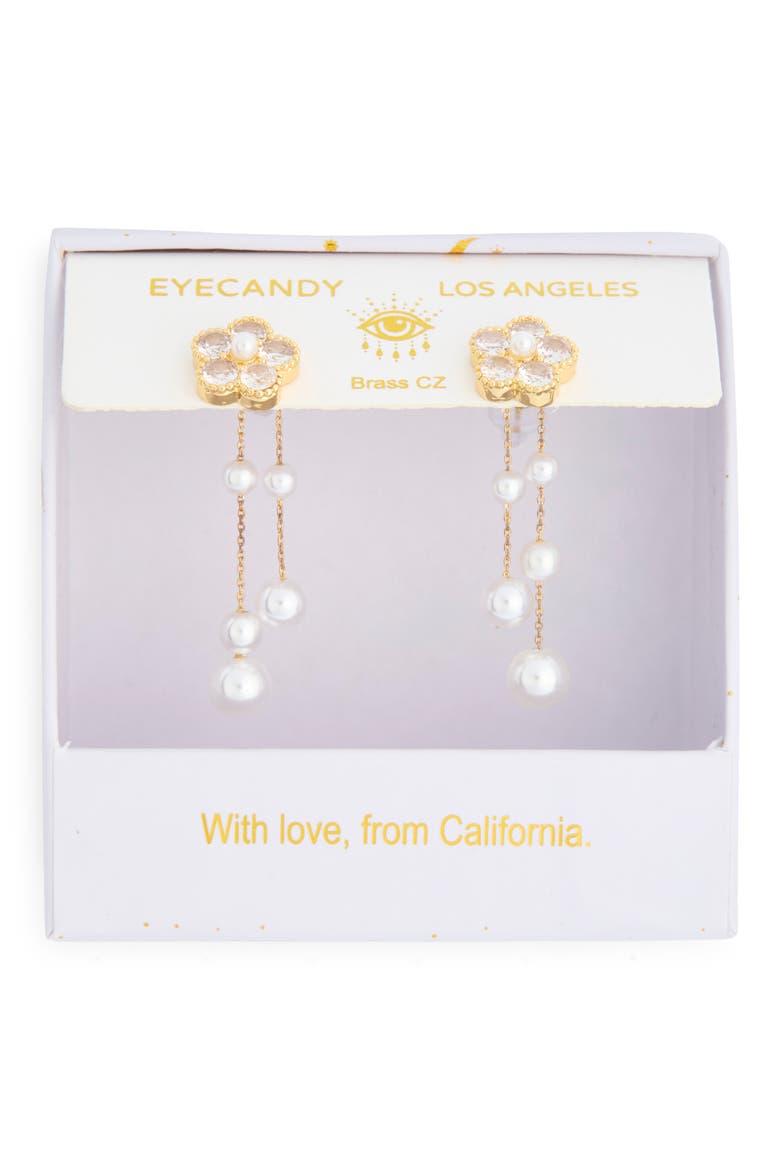 Divya Cubic Zirconia Flower Faux Pearl Drop Earrings, Alternate, color, GOLD