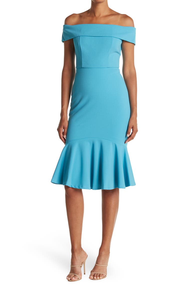 Off-the-Shoulder Scuba Crepe Dress, Main, color, AQUA